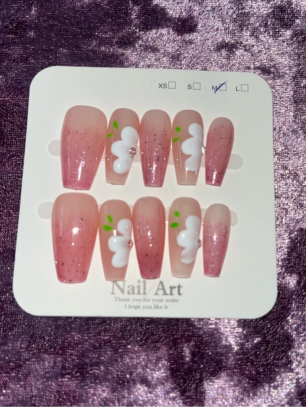 Pink Glitter Press-On Nails with 3D White Flower Accent